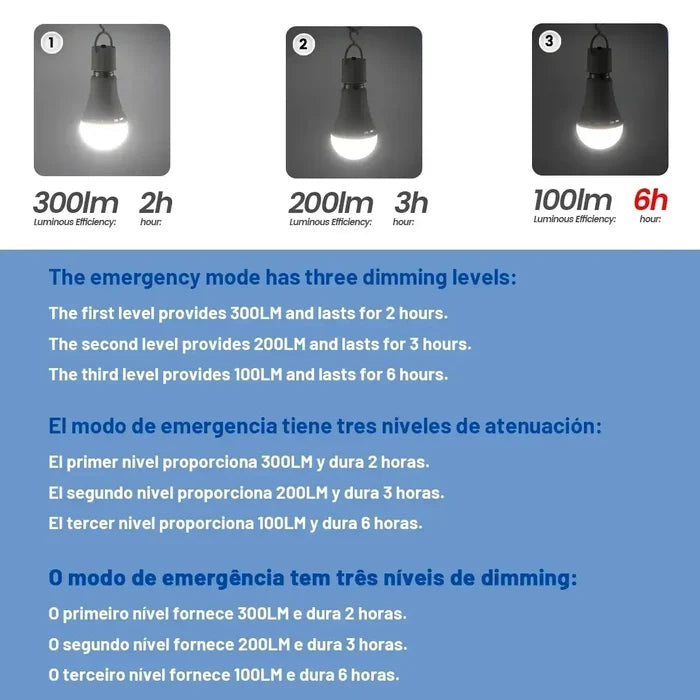 LED Rechargeable Emergency Bulb Light with dimming levels and luminous efficiency information