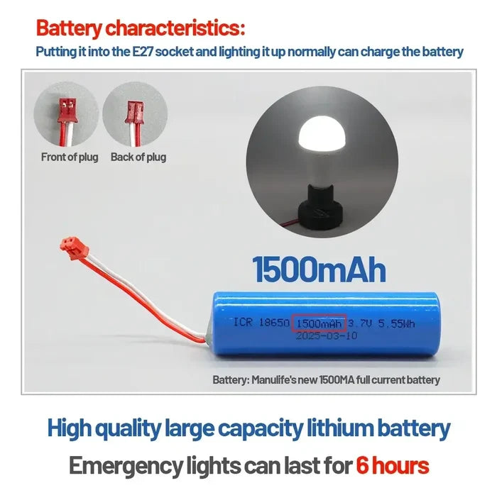 LED Rechargeable Emergency Bulb Light with 1500mAh lithium battery for 6 hours of use, E27 base, shown with plug and light.