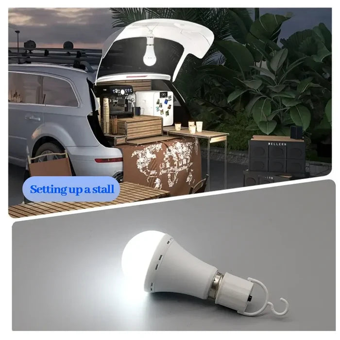 LED Rechargeable Emergency Bulb Light illuminating outdoor stall setup next to car