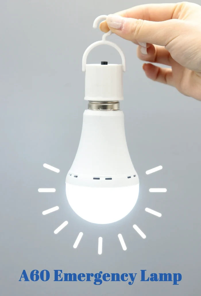 LED Rechargeable Emergency Bulb Light being held and lit, featuring a hook for hanging, with 'A60 Emergency Lamp' text at the bottom.