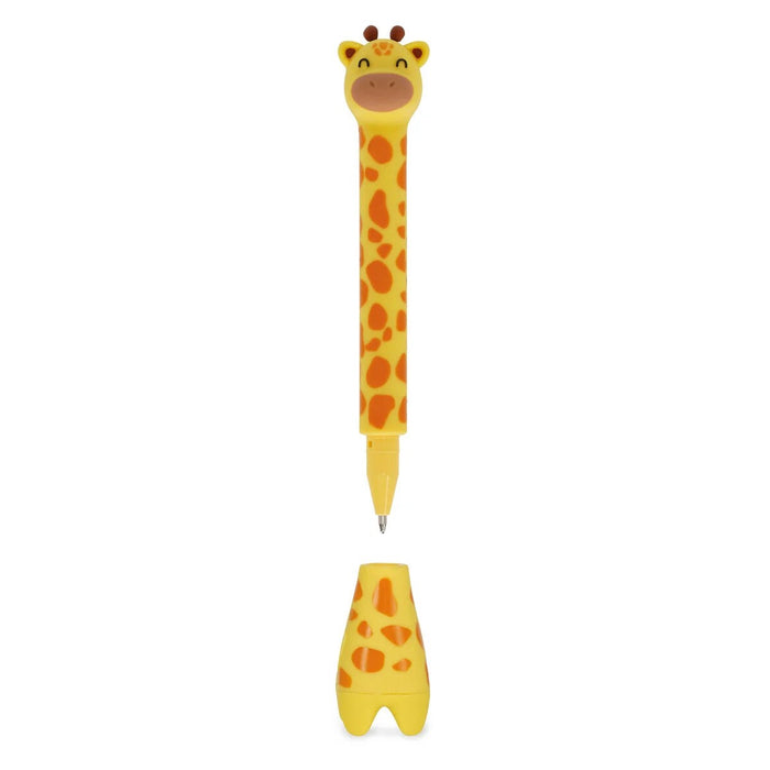 Yellow giraffe ballpoint pen with orange spots and a matching stand base shaped like legs.