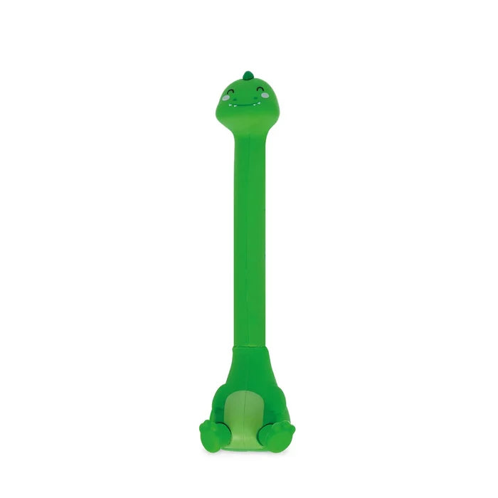 Green long-neck dinosaur pen with a cute face and light green belly, standing upright on its seated base.