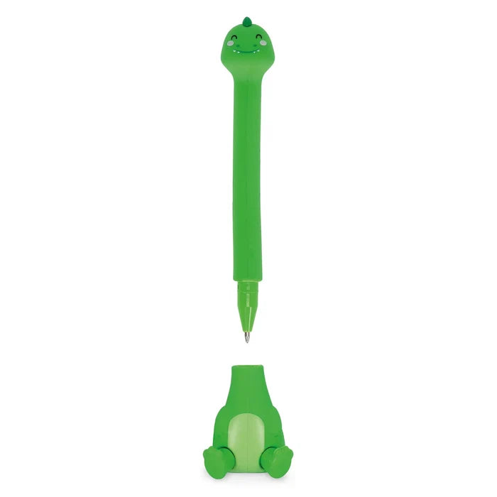 Bright green dinosaur-shaped ballpoint pen with a matching base shaped like sitting dinosaur feet.