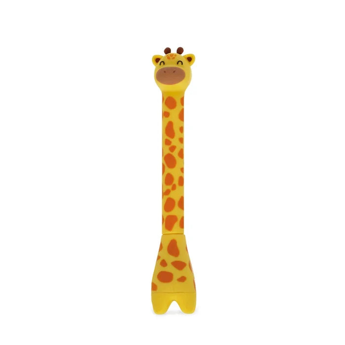 Yellow giraffe-shaped ballpoint pen with orange spots, a cute smiling face, and a wide base for standing upright.