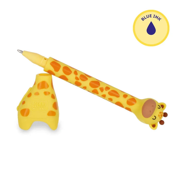 Yellow ballpoint pen and stand shaped like a giraffe with orange spots, plus a blue ink icon.