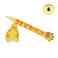 Yellow ballpoint pen and stand shaped like a giraffe with orange spots, plus a blue ink icon.