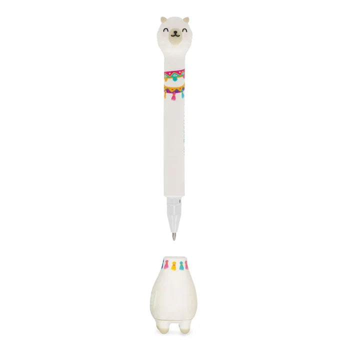 White llama ballpoint pen with colorful neck patterns and a matching base stand with tiny feet.