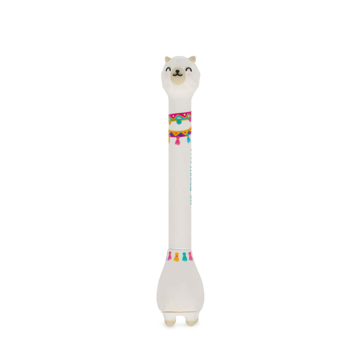 White llama-shaped ballpoint pen with a standing base, cute face, and colorful tassel patterns.