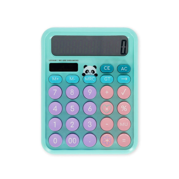 Mint green rounded calculator with purple keys, pink floral buttons, and a panda graphic below the screen.