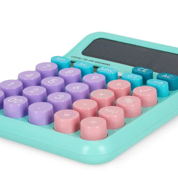 Mint green calculator with chunky, cylindrical pastel keys in purple, pink, and blue and a digital display.