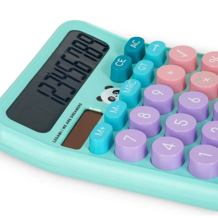 Teal desk calculator with chunky round pastel purple, pink, and blue keys and a small panda illustration.