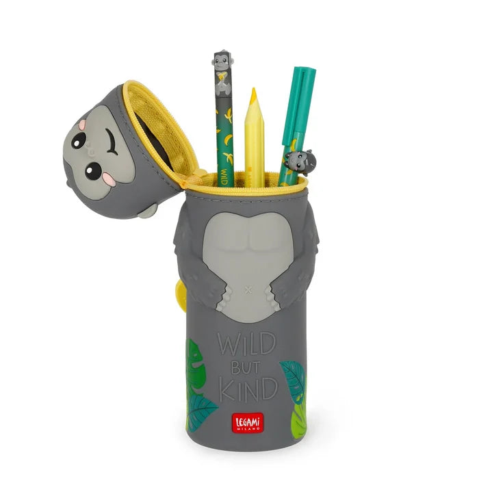 Gray silicone gorilla pencil case with a winking lid, yellow zipper, and embossed 'Wild But Kind' text.