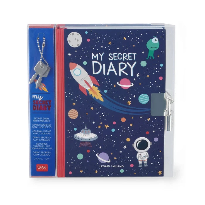 Blue space-themed diary with rocket and astronaut art, a silver padlock, and two keys in clear plastic packaging.