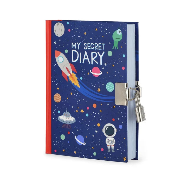 Blue space-themed diary with rocket and astronaut illustrations, a red spine, and a silver metal padlock.