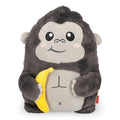 Smiling grey plush gorilla toy with light grey face and belly holding a yellow plush banana.