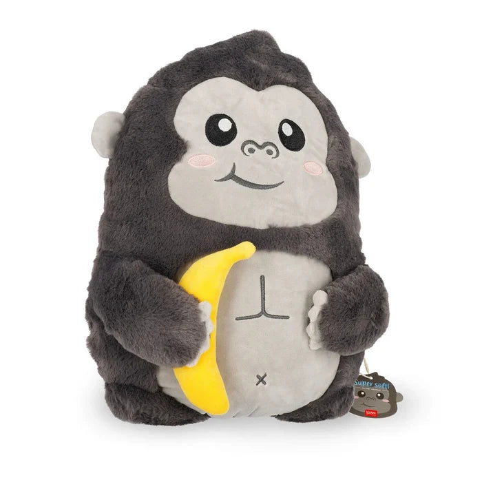 Soft grey and light grey plush gorilla pillow holding a yellow banana, with large eyes and a friendly smile.