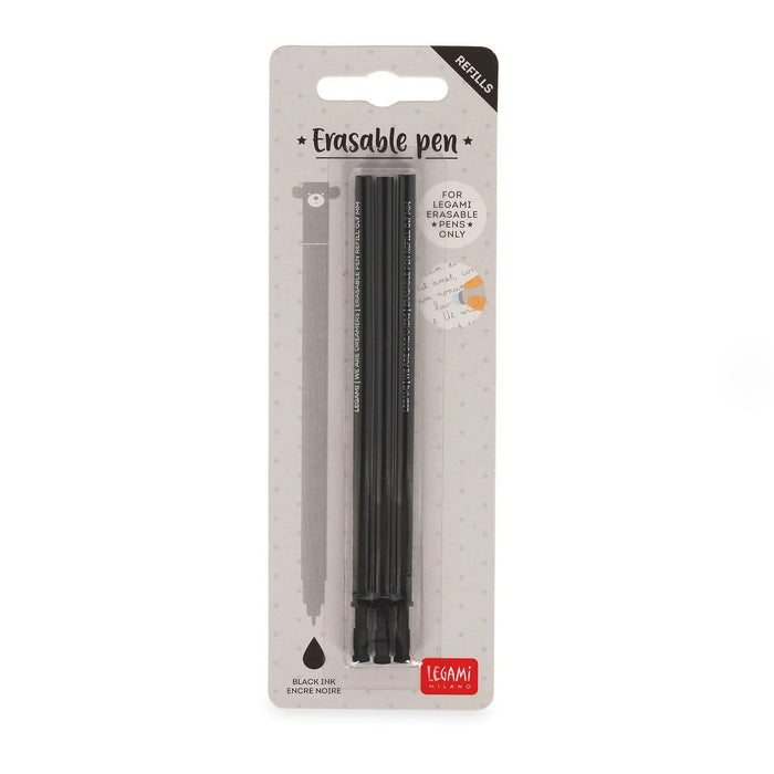 Blister pack containing three black 0.7mm erasable ink refills for Legami pens.