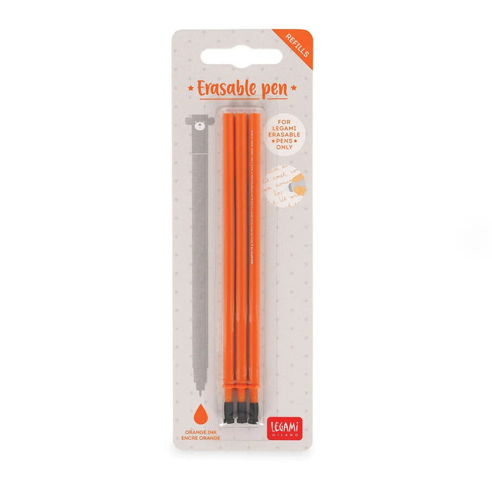 Pack of three orange erasable pen refills for Legami pens on a white and orange hanging card.