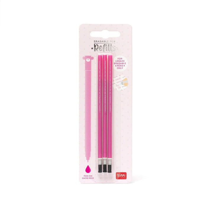 Set of three pink erasable pen refills in a pink card and plastic blister pack with a bear pen graphic.