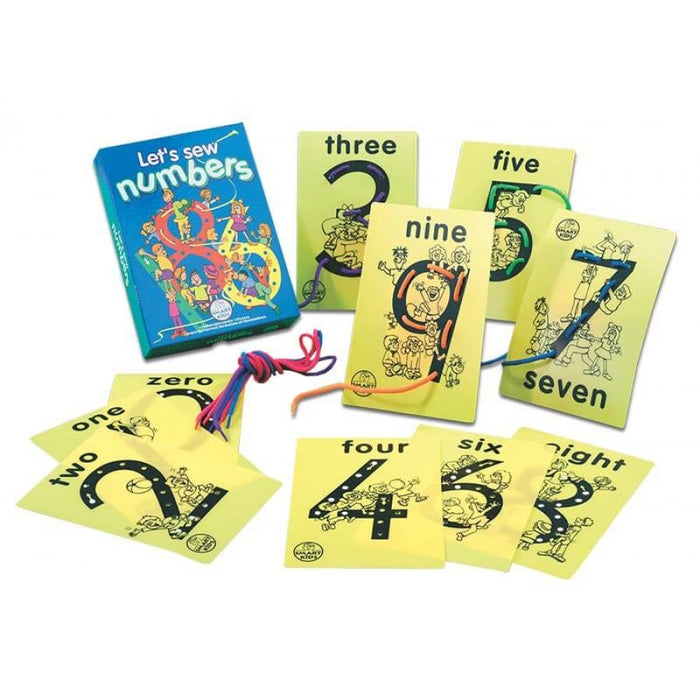 Blue box and yellow cards with numbers zero to nine and holes for threading colorful laces.