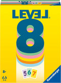 Bright yellow box for Level 8 featuring a large blue number 8 over colorful stacked layers and card icons 5, 6, and 7.