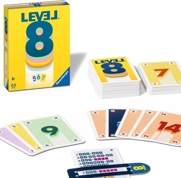 Yellow Level 8 box, stacks of cards, fanned number cards, and a level tracker on white background.