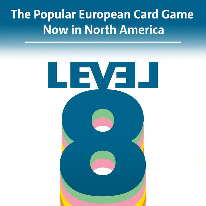 Level 8 logo with a layered blue, pink and yellow 8. Blue banner says popular European card game now in North America.