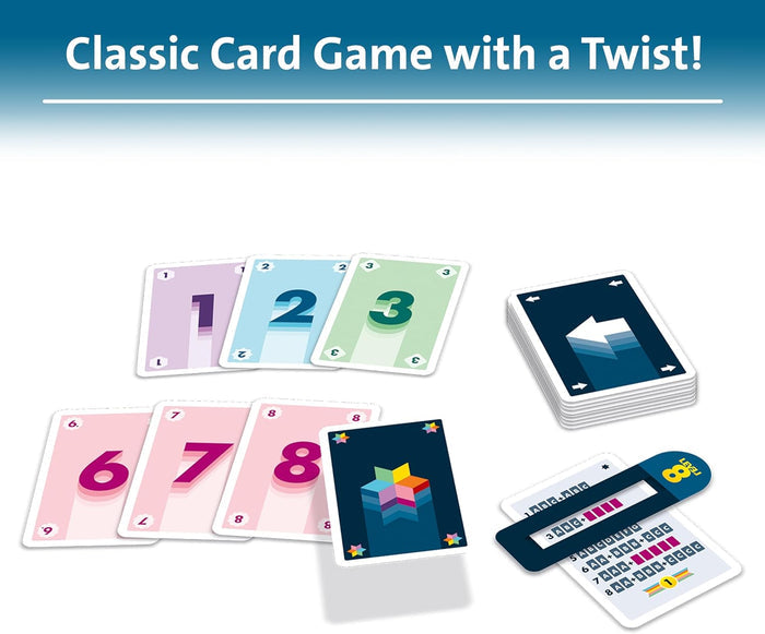 Numbered cards in various colors, a deck with arrow graphics, and level tracker cards on a blue and white background.