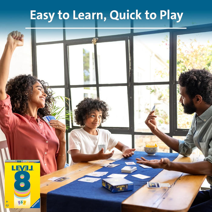 Happy family plays Level 8 card game at a table with yellow box and cards. Text: Easy to Learn, Quick to Play.