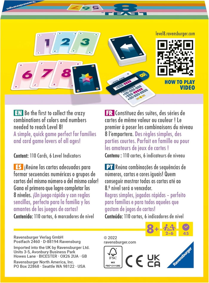 Back of yellow game box showing colorful numbered cards, a level tracker, QR code, and multilingual game info.