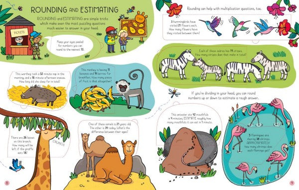 Colorful book page with cartoon animals and speech bubbles teaching math concepts like rounding and estimating.