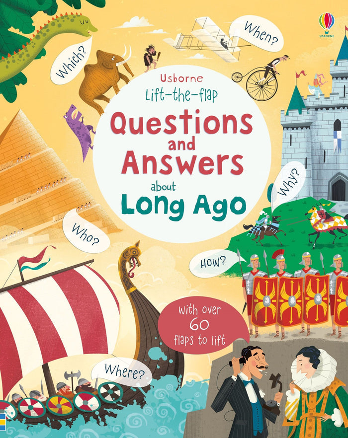 Colorful children's book cover with drawings of Vikings, Romans, and pyramids surrounding a lift-the-flap title.