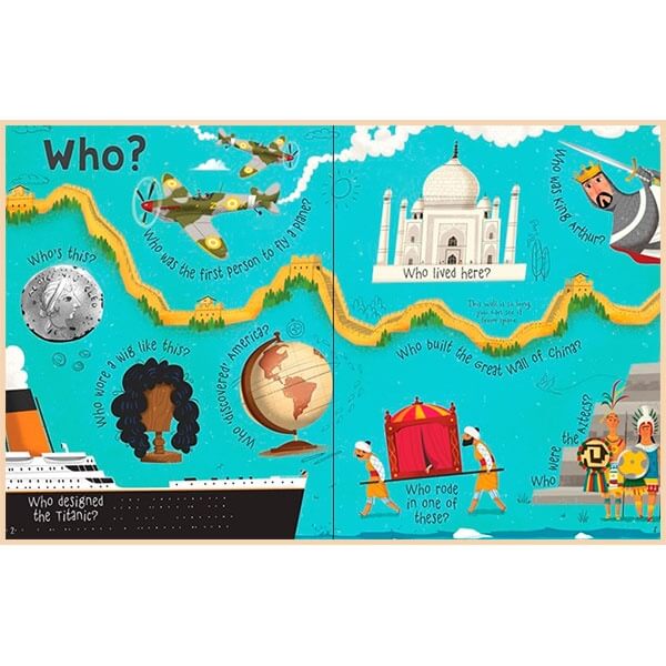 Brightly illustrated book spread with history questions about the Taj Mahal, Titanic, and Great Wall of China.
