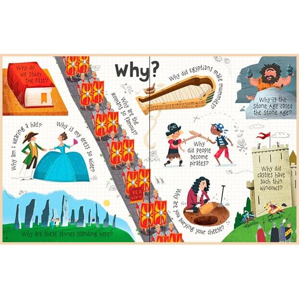 Illustrated children's book spread with Why questions and colorful drawings of Roman soldiers, pirates, and a castle.