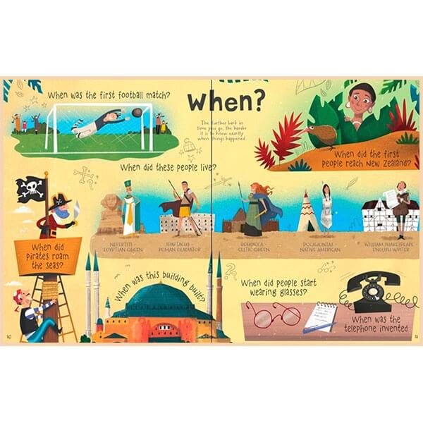 Colorful children's book spread on yellow background with history cartoons, When? questions, and interactive flaps.