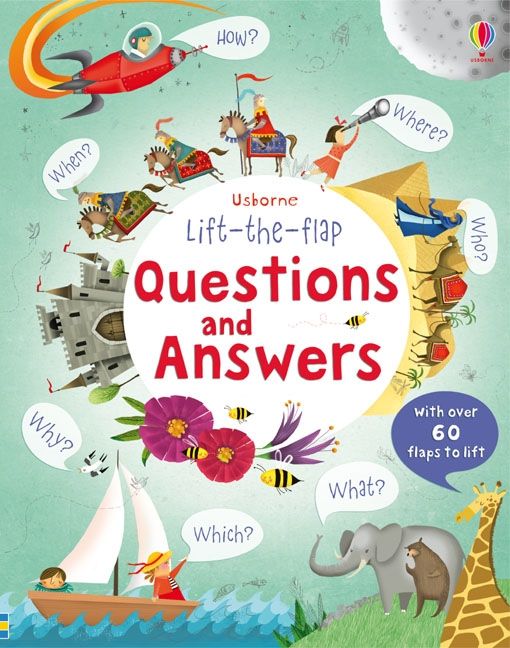Colorful children's book cover featuring a rocket, knights, and animals around a central white title circle.