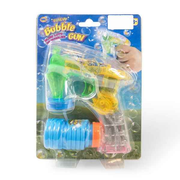 Transparent toy bubble gun with green and yellow gears and a blue bottle of bubble solution in original blister pack.