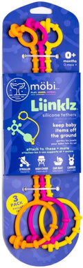 3-pack of orange, pink, and yellow looped silicone tethers on blue cardboard packaging with baby gear icons.