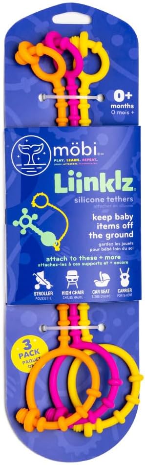 3-pack of orange, pink, and yellow looped silicone tethers on blue cardboard packaging with baby gear icons.