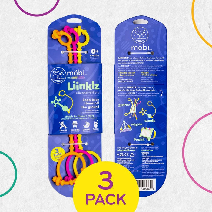 Packaging for a 3-pack of interlocking silicone ring tethers in vibrant yellow, pink, and orange.