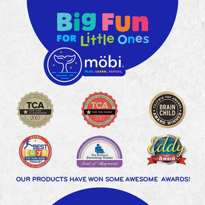 Möbi marketing graphic displaying six toy industry award seals beneath the slogan Big Fun For Little Ones.