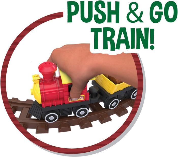 Hand pushing a red toy train with a yellow cargo car on curved brown tracks. Text: PUSH & GO TRAIN!