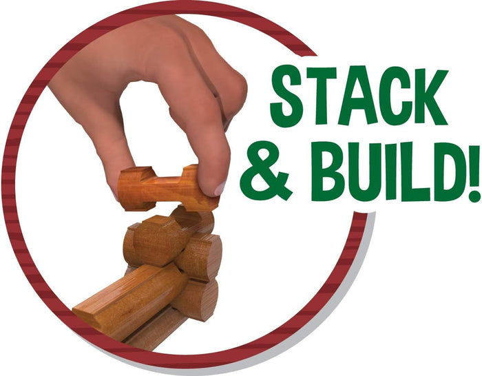 Hand stacking interlocking wooden toy logs in a red circle frame with green STACK & BUILD! text.