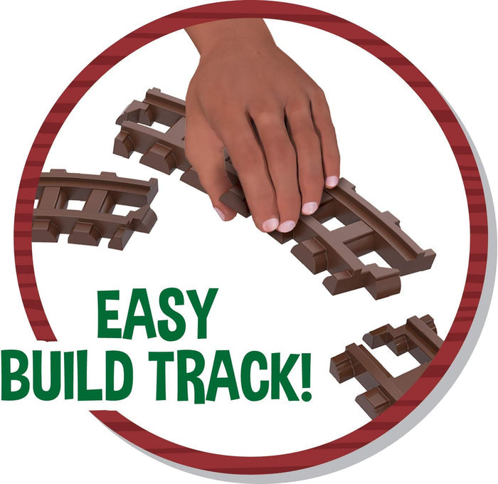 Hand connecting interlocking brown plastic train tracks inside a red circle with green text: EASY BUILD TRACK!