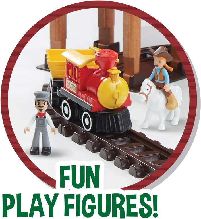 Red toy train on tracks with an engineer figure and a cowgirl on a white horse. Text says FUN PLAY FIGURES!