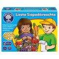Blue and yellow game box featuring a boy and girl with a grocery list and a shopping cart full of food.