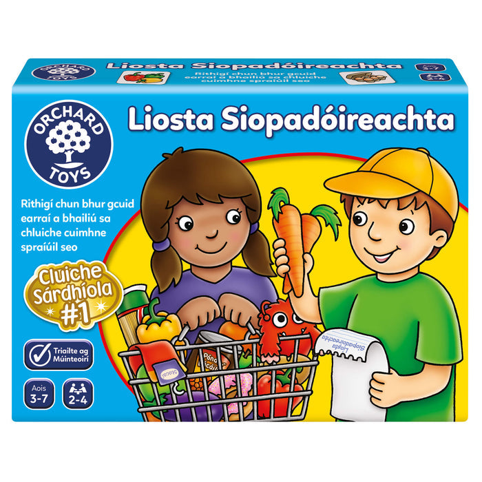 Blue and yellow game box featuring a boy and girl with a grocery list and a shopping cart full of food.