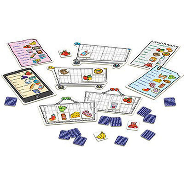 Illustrated memory game with cardboard shopping cart boards, item tiles, and grocery lists on a white background.