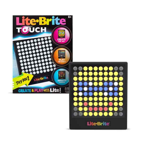 Packaging and black square handheld toy with a grid of glowing yellow, blue, and red lights forming a smiley face.