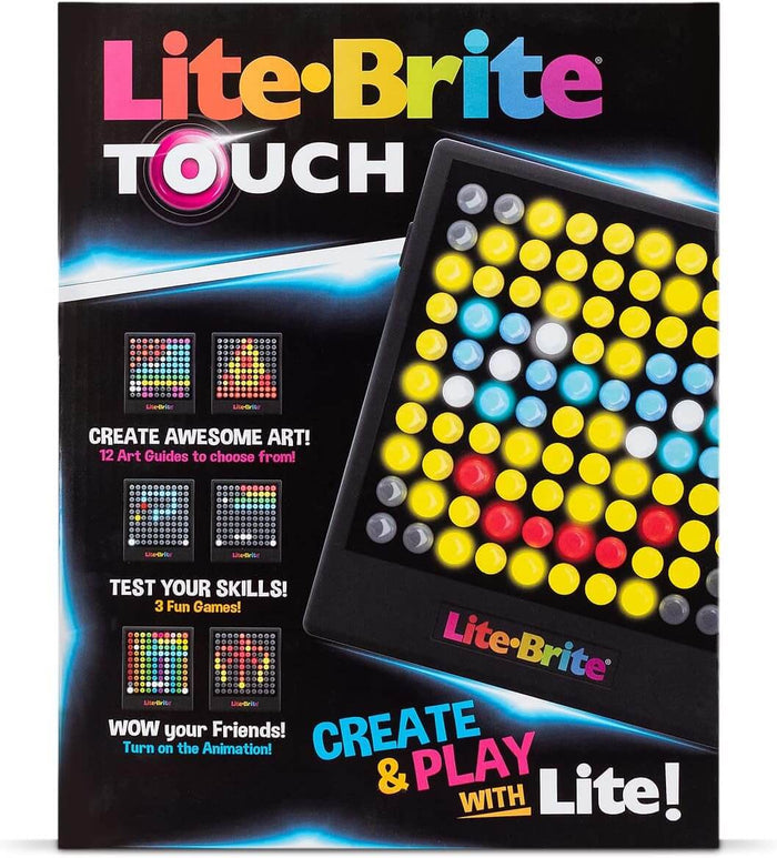 Lite-Brite Touch box featuring a black handheld device with a grid of glowing yellow, red, and blue touch buttons.